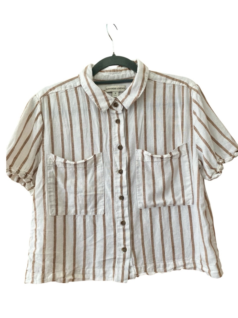 Alexander Jordan Cropped Linen Blend Striped Button Up Top Medium Coastal